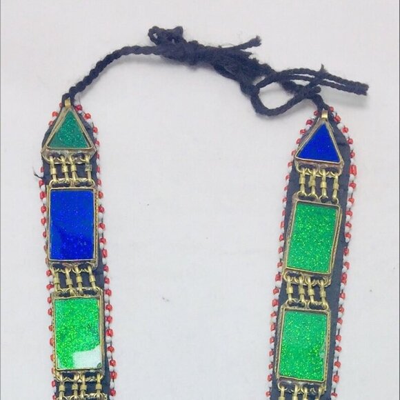 Blue and Green Long Chain Pendant Necklace, Kuchi Big Antique Pendant - Picture 3 of 9